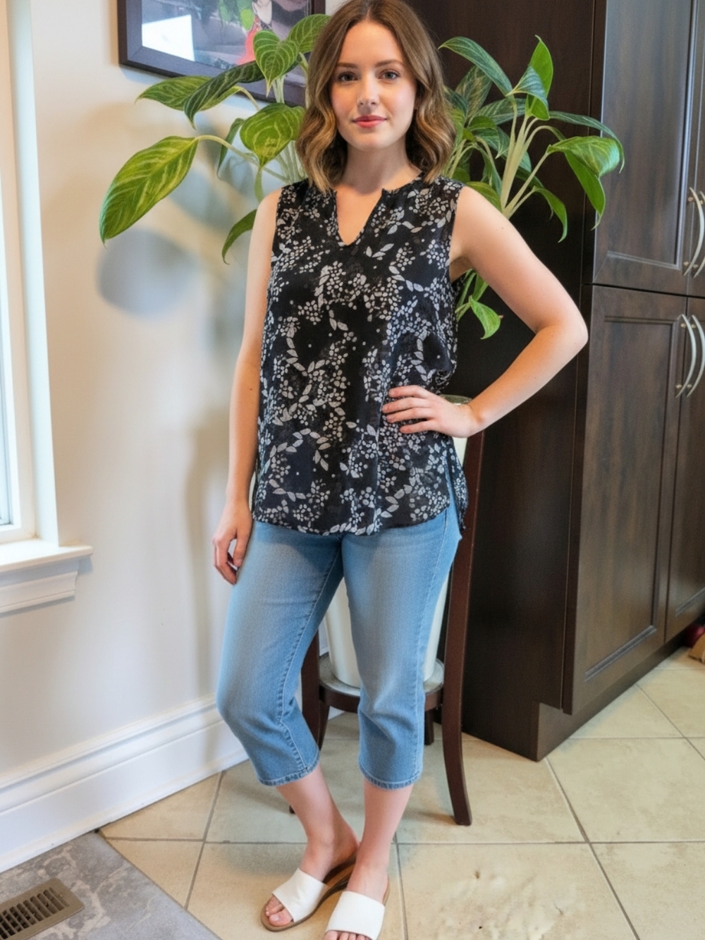 Cristina B Black Top with White Floral Print